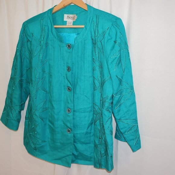 J Song 100% Linen Jacket Embroidery 3/4 Sleeves Button Up No Collar Size 10 - Picture 7 of 15